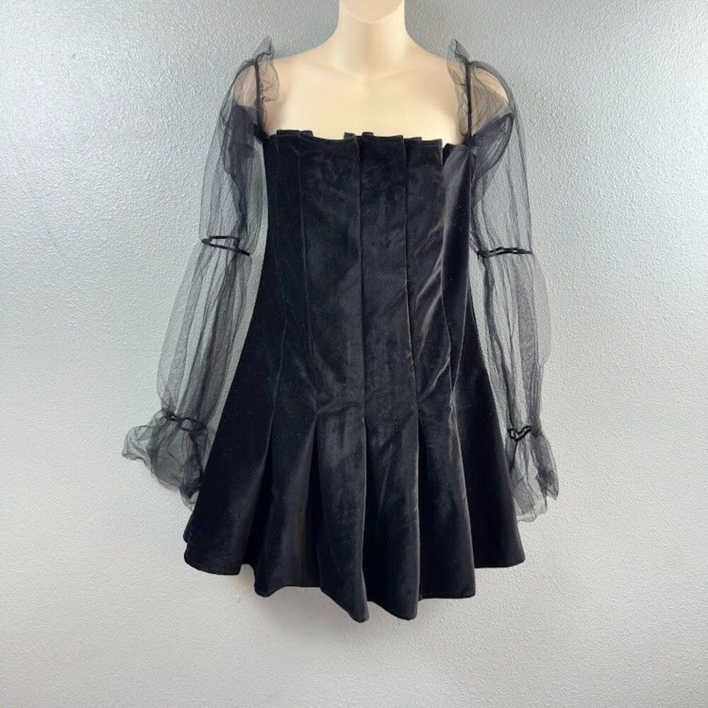 Gothic Mini Dress Sz XL Black Velvet Sheer Sleeve Dark Academia Witchy